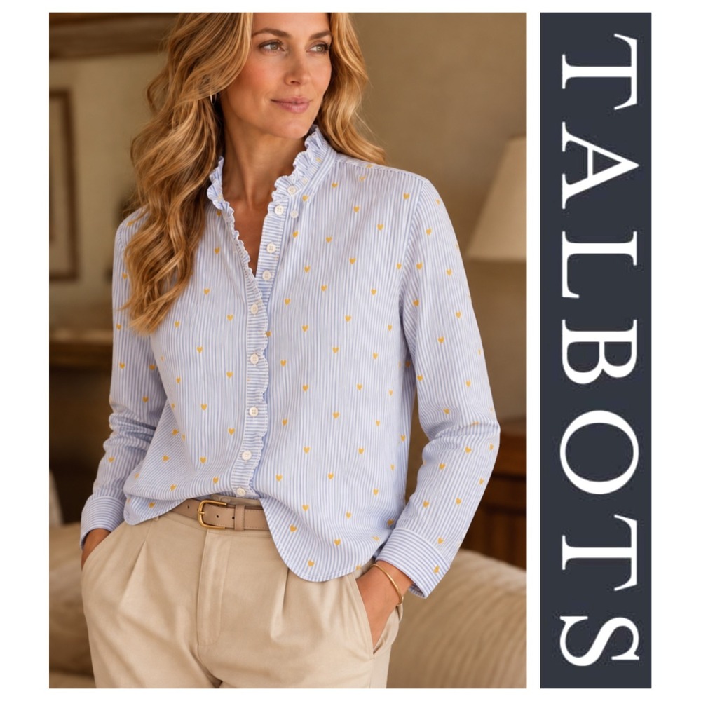 Talbots Hearts Striped Ruffle Collar Long Sleeve Cotton Button Up Size L Petite